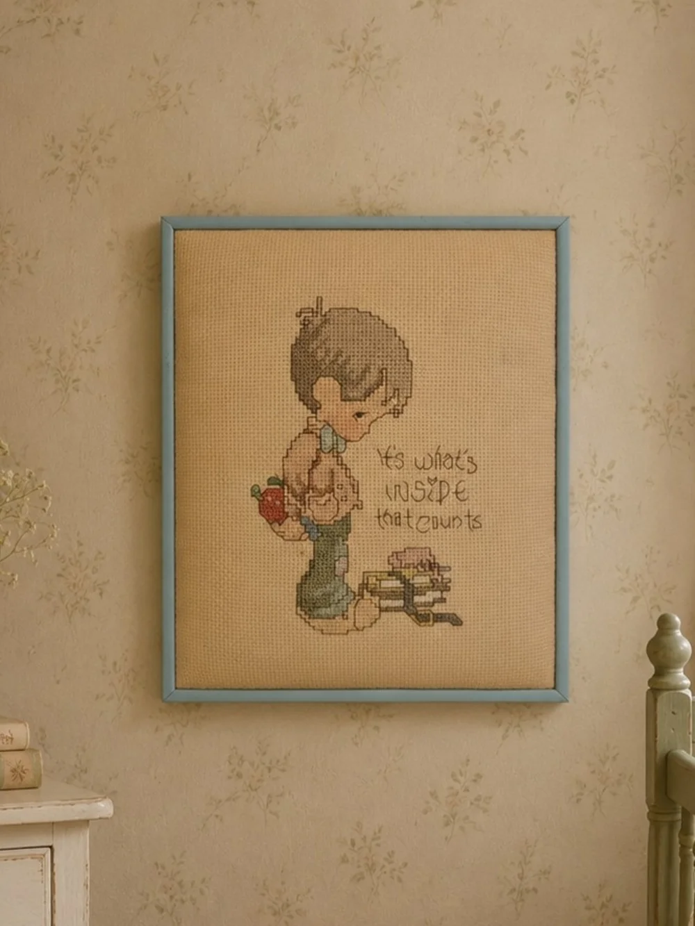 Vintage Precious Moments Cross Stitch Framed Its Whats Inside That Counts 9x11
